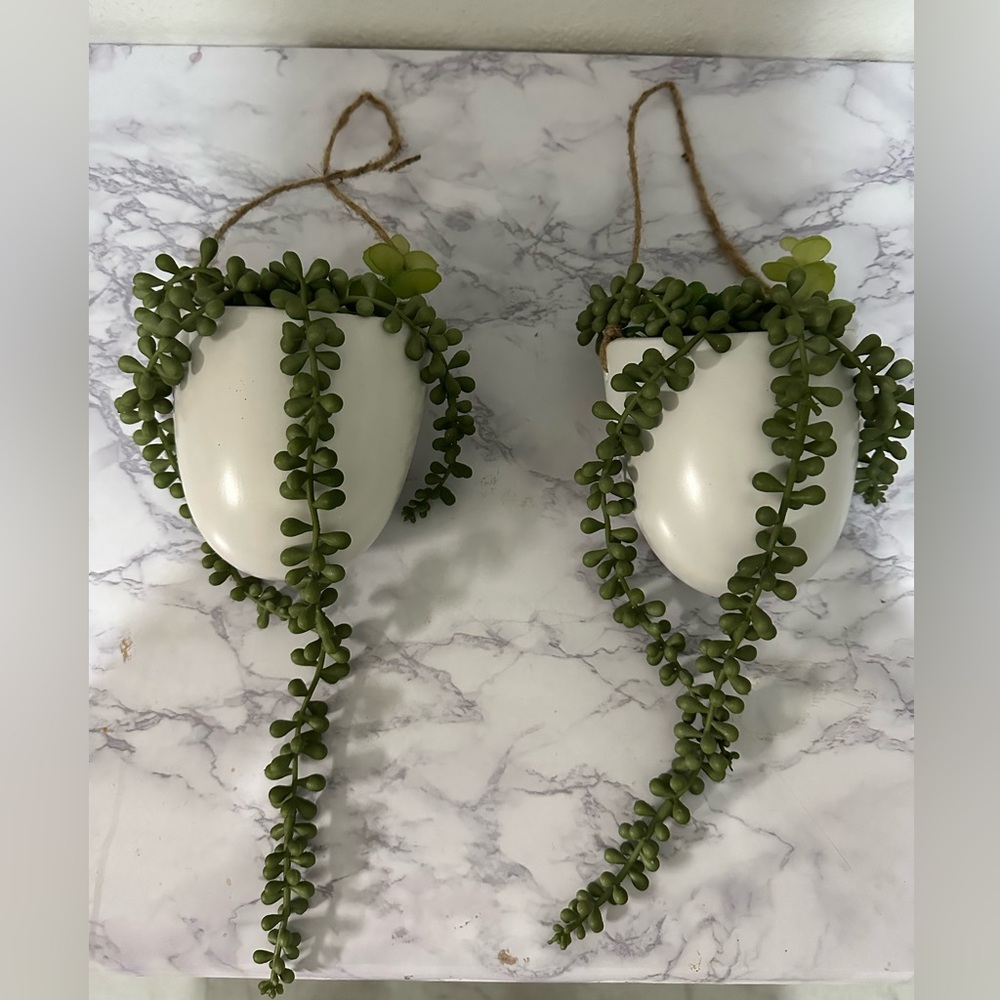Hanging White Planters with Green Faux Succulents